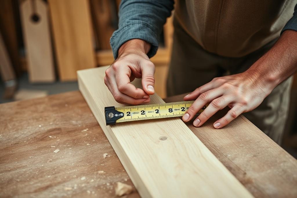 Tukang kayu mengukur papan kayu dengan meteran di bengkel furniture