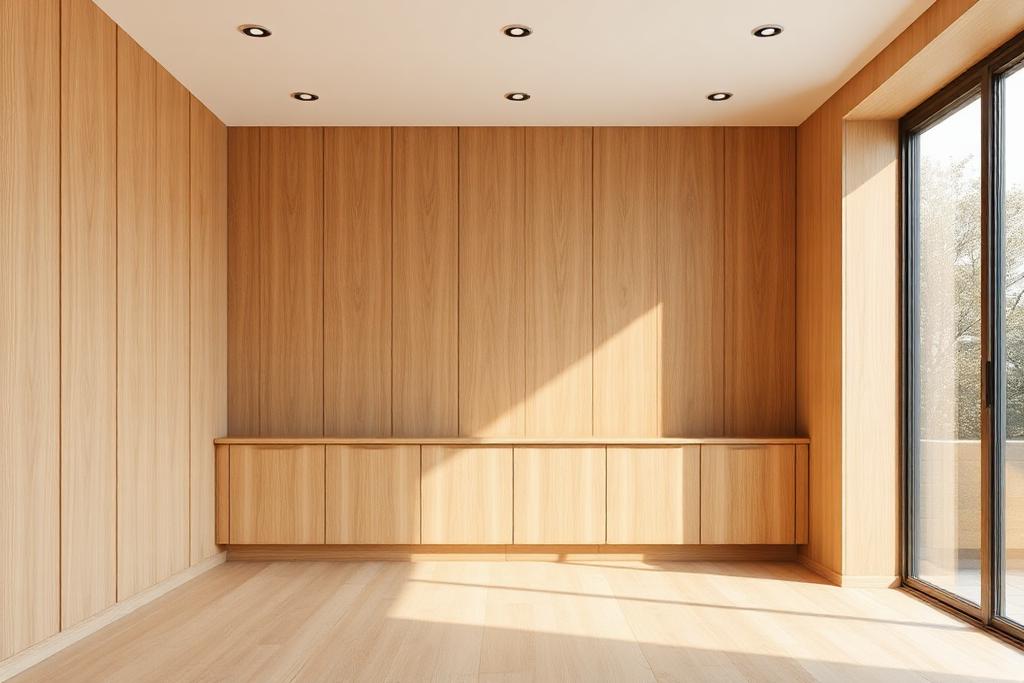 Ruangan interior modern dengan dinding panel kayu dan kabinet built-in