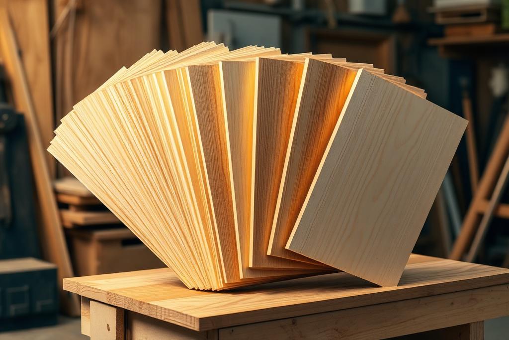Beragam sampel lembaran plywood dengan ketebalan berbeda di atas meja kerja